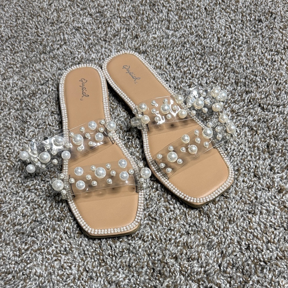 Qupid Tan Sandals with Pearl Embellishments